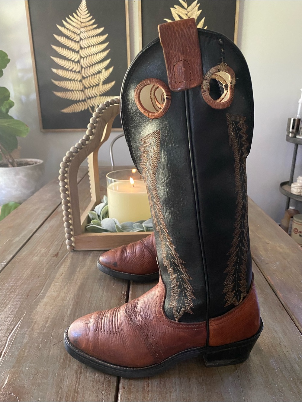 Texas Boot Company Distressed Leather Tall Western Cowboy Boot Women 8D TanBlack